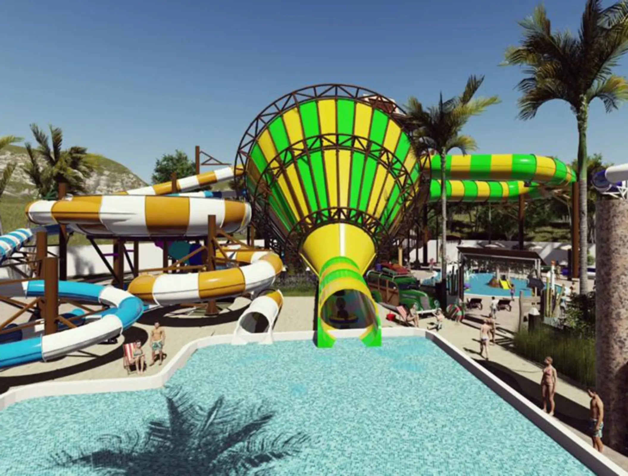 Outdoor waterpark with spiral slides and a funnel slide surrounded by palm trees and guests enjoying the pool.