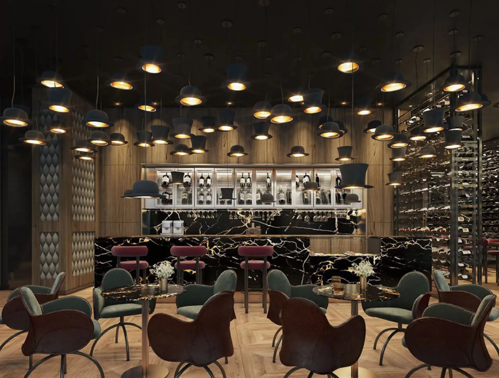 Elegant bar with velvet seating, hat-shaped pendant lights, and marble accents in a sophisticated nighttime setting.