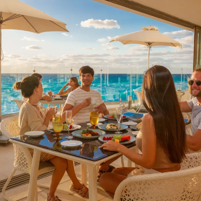 Guests enjoying an outdoor meal at a restaurant with white furniture and a stunning ocean view at sunset.