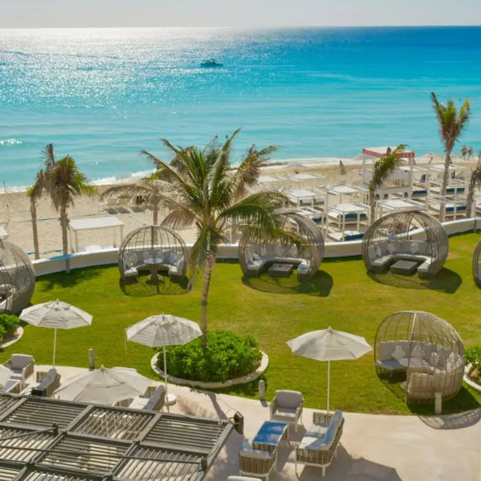 Aerial view of a grassy outdoor lounge area with palm trees, cabanas, and sun loungers near the beach.