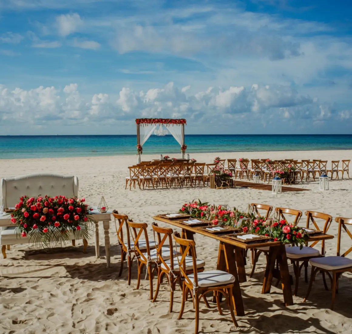 beach wedding setup at Sandos Playacar