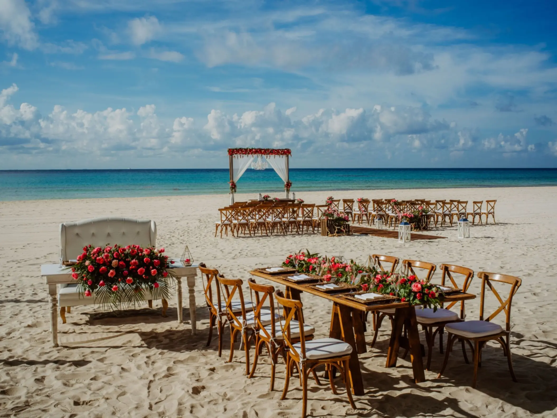 beach wedding setup at Sandos Playacar