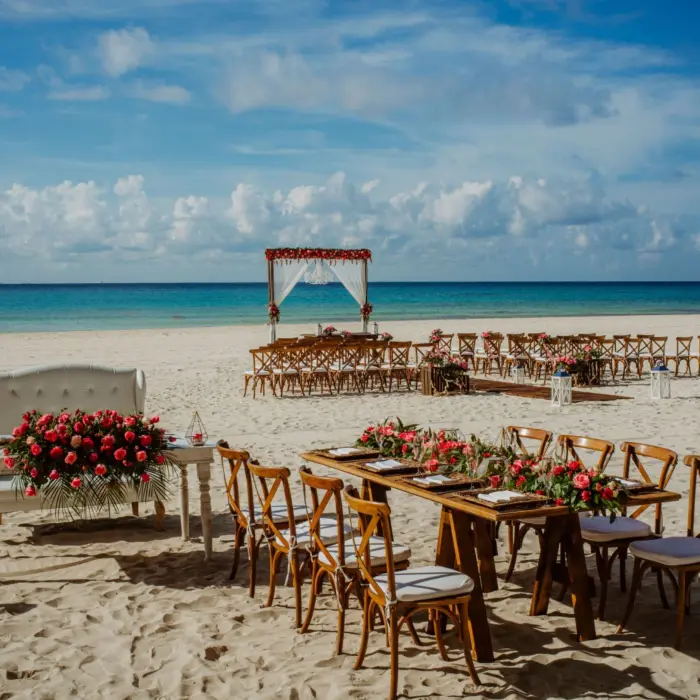 beach wedding setup at Sandos Playacar