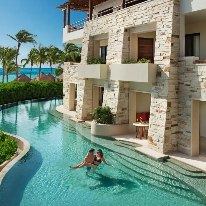 couple in the pool outside their swim out suite at Secrets Akumal Riviera Maya