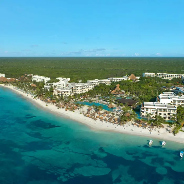Secrets Akumal Riviera Maya aerial view with its beach gardens and resort buildings and amenities