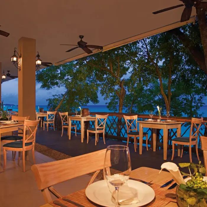 World Café terrace with open-air seating, tropical landscaping, and wooden accents overlooking lush greenery.