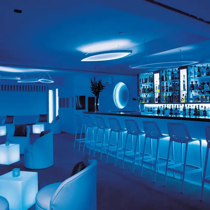 Chic nightclub-style bar with neon lighting, sleek seating, and contemporary decor for evening entertainment.