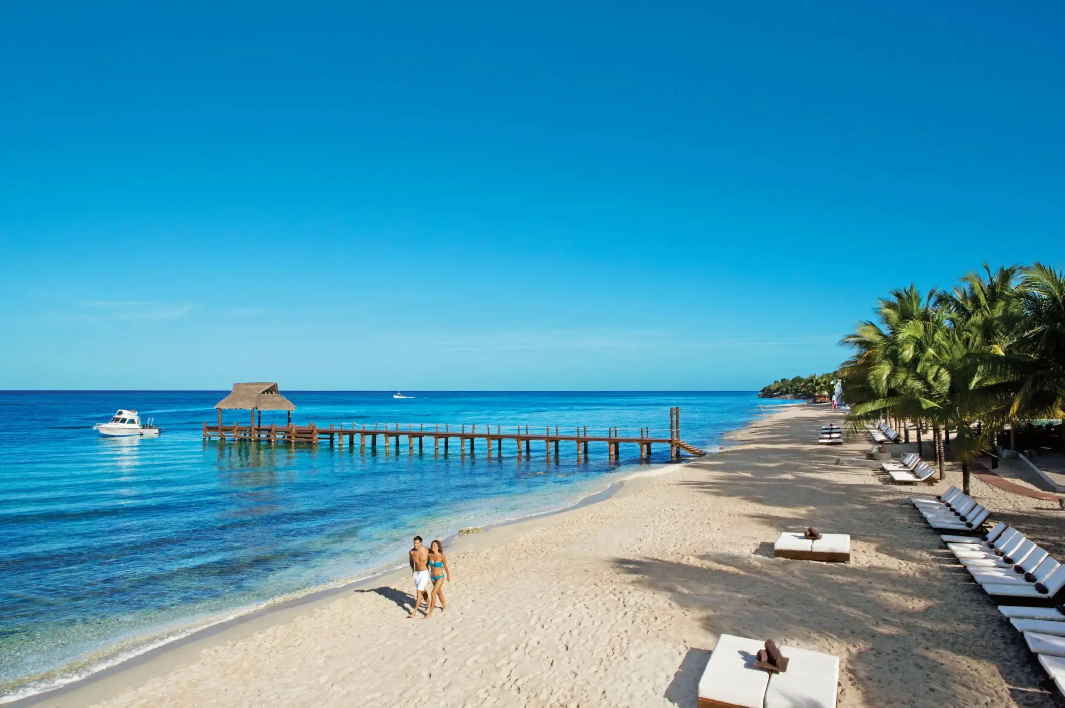 White-sand beach lined with thatched umbrellas and palm trees at an adults-only Riviera Maya resort.