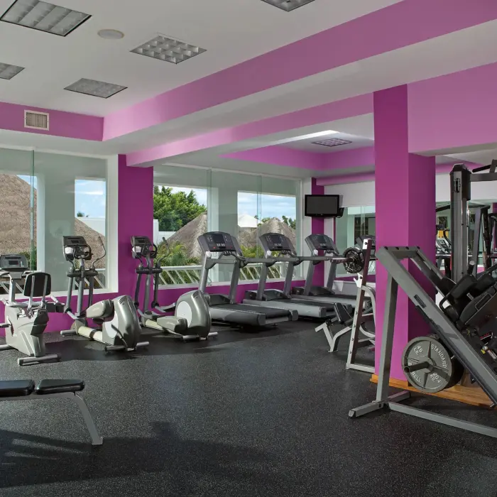 Bright fitness center with cardio and strength machines, mirrored walls, and tropical views.