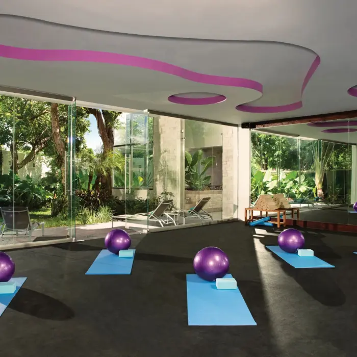 Glass-walled yoga studio with purple exercise balls, mats, mirrored wall, and lush garden views.