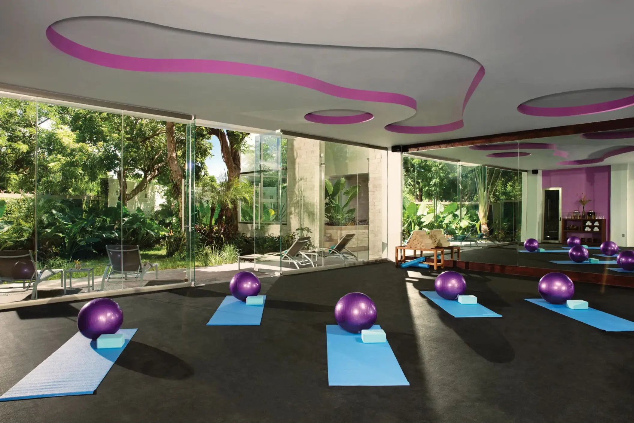 Glass-walled yoga studio with purple exercise balls, mats, mirrored wall, and lush garden views.
