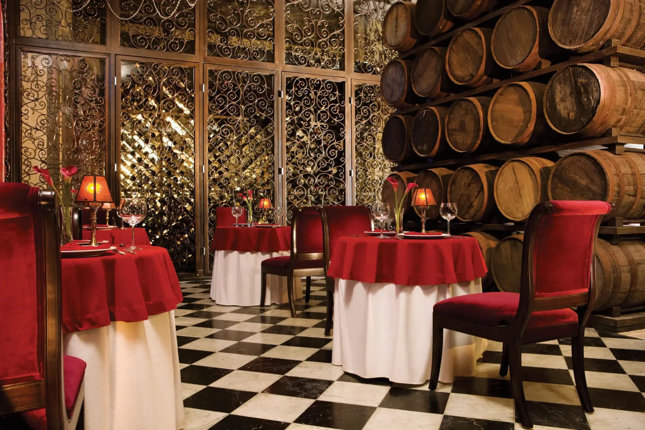 french restaurant bordeaux with wine barrels at Secrets Maroma Beach Riviera Cancun
