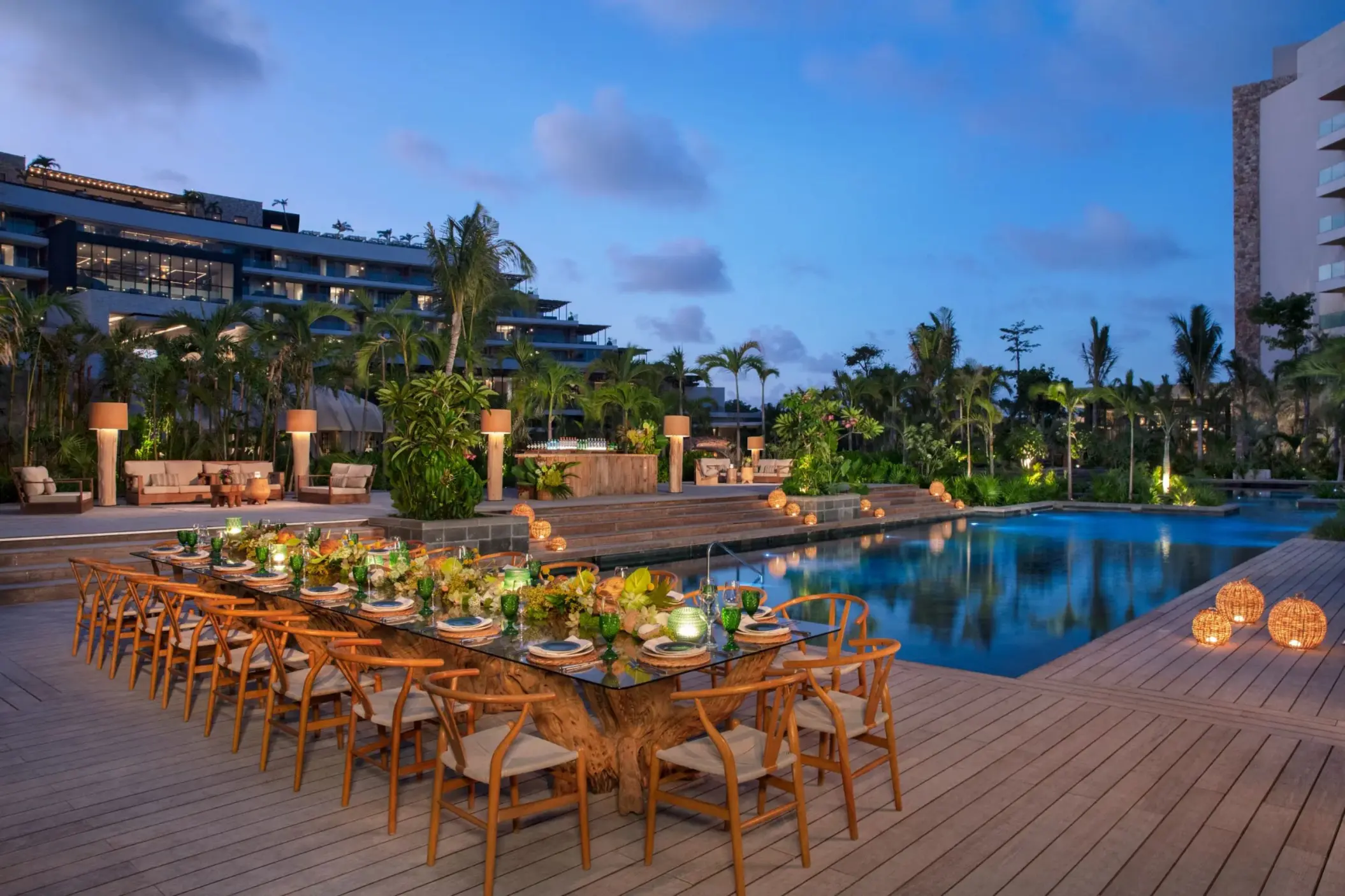 cross pool venue with banquet setup at Secrets Moxche Playa Del Carmen