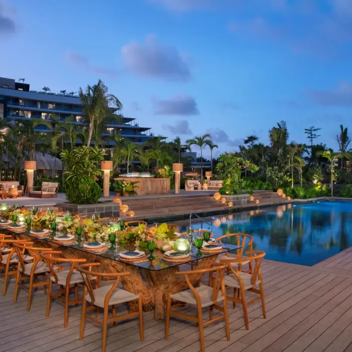 cross pool venue with banquet setup at Secrets Moxche Playa Del Carmen