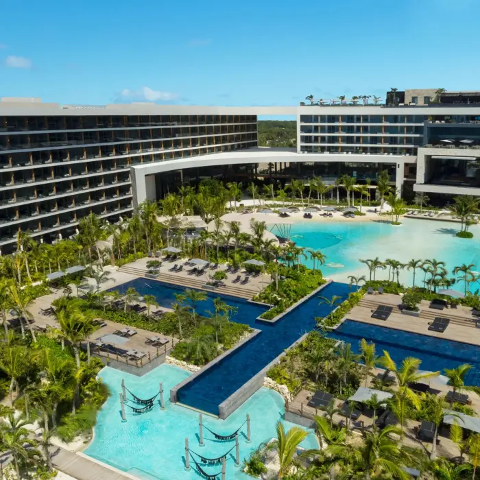 Secrets Moxche Playa Del Carmen pool and resort buildings aerial view
