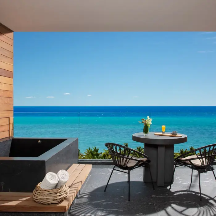 terrace of preferred club junior suite with hot tub and ocean views at Secrets Moxche Playa Del Carmen