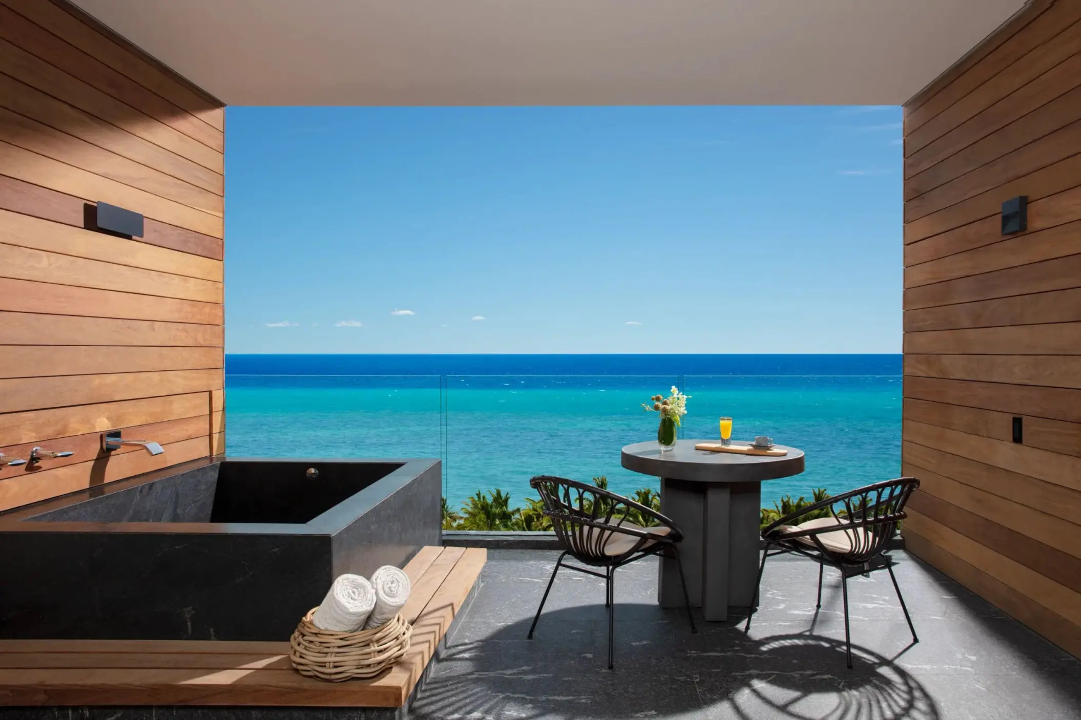 terrace of preferred club junior suite with hot tub and ocean views at Secrets Moxche Playa Del Carmen