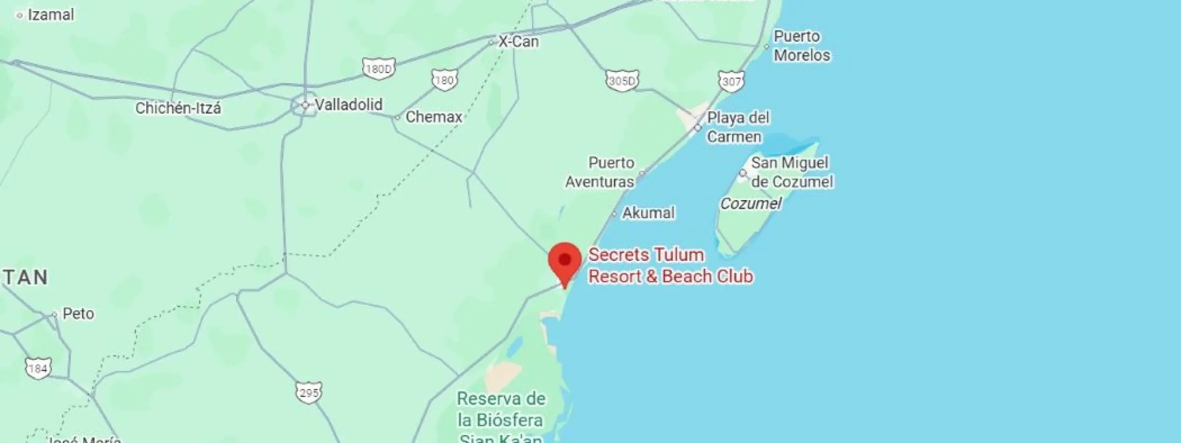 map showing location of secrets tulum in Mexico