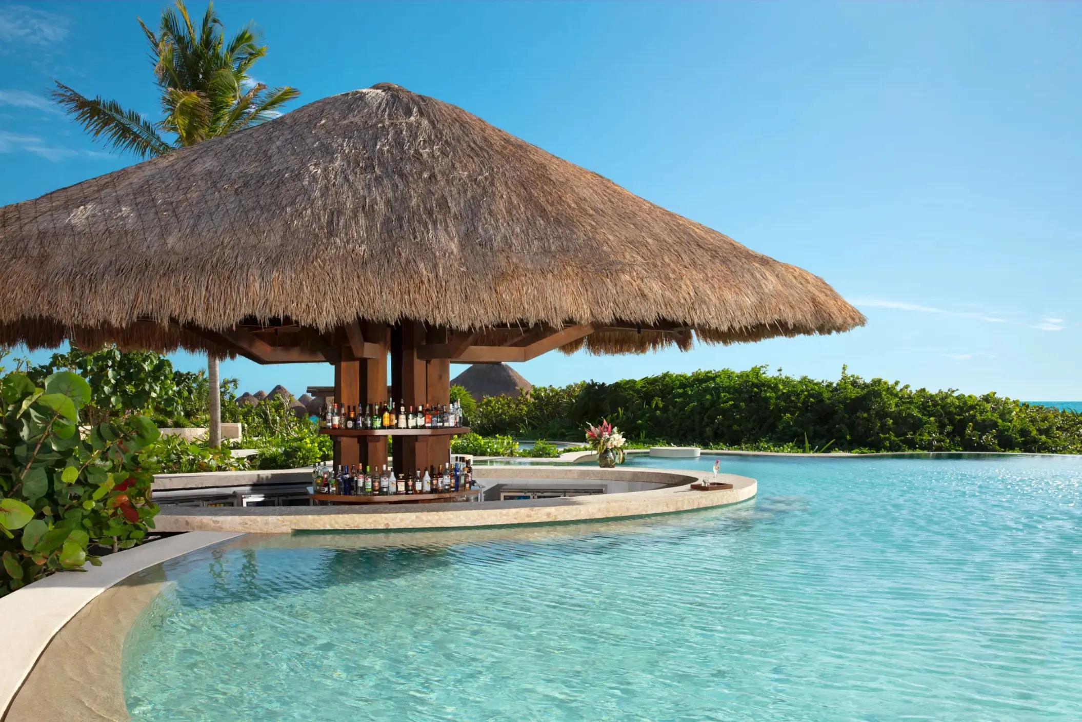 Swim-up palapa bar surrounded by lush greenery, stocked with spirits and poolside refreshments.