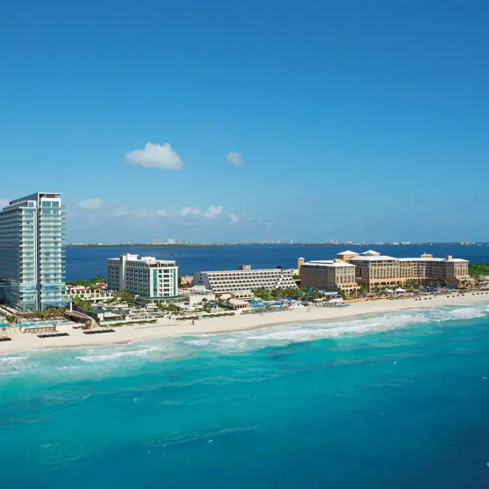 aerial view of Secrets The Vine Cancun with its beach and Cancun hotel zone