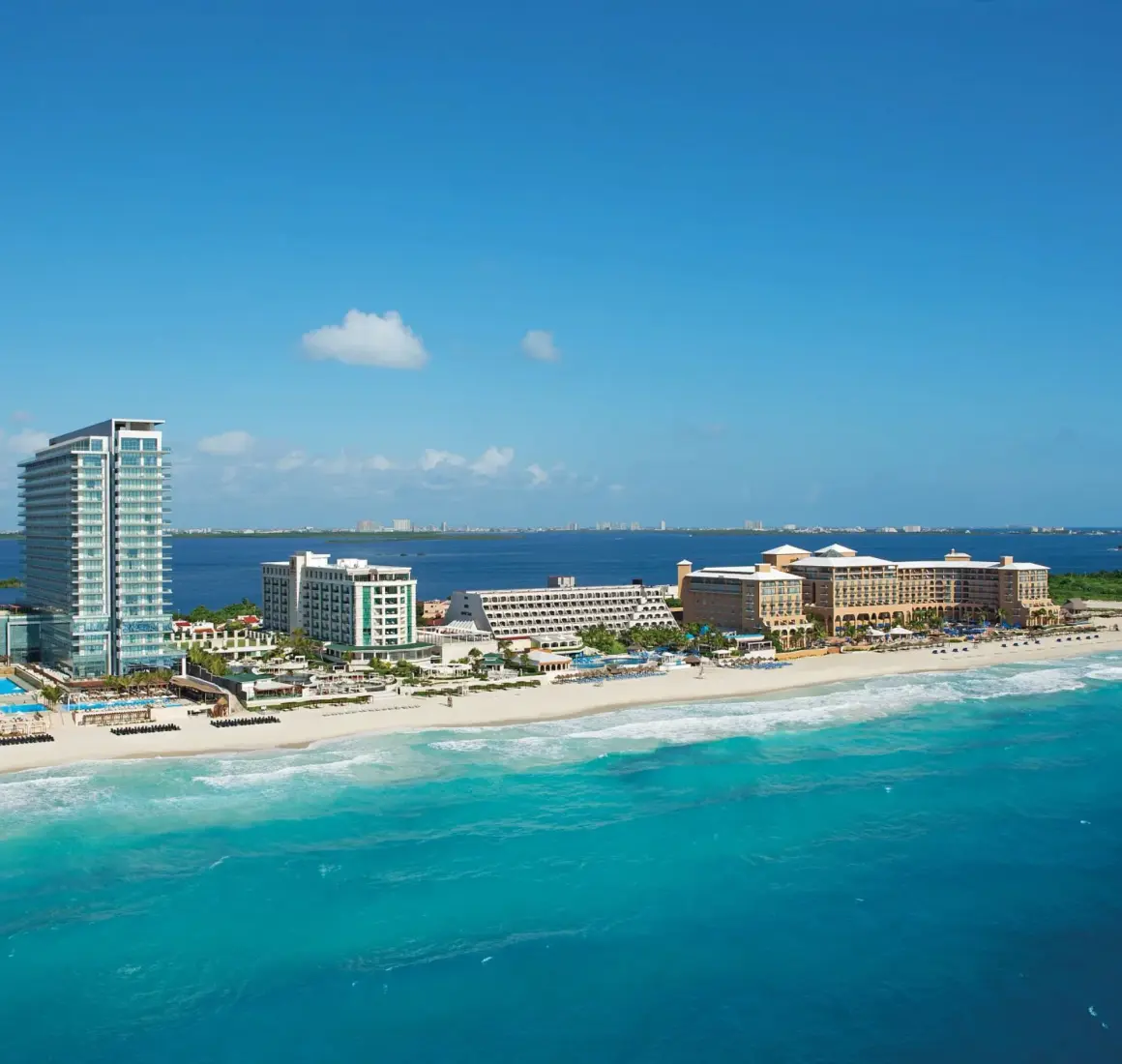 aerial view of Secrets The Vine Cancun with its beach and Cancun hotel zone