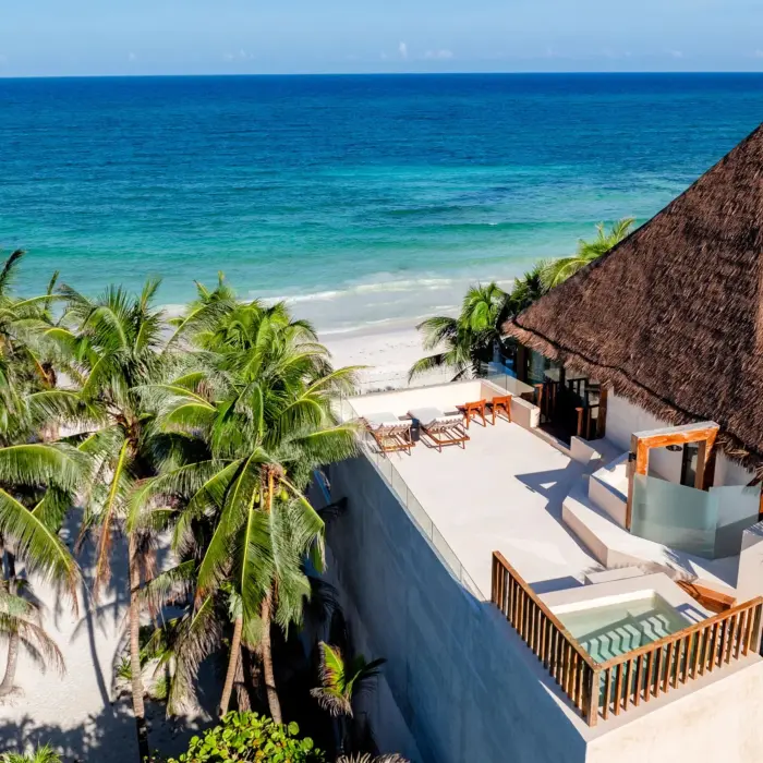 Oceanfront villa with rooftop terrace, thatched roof, and palm trees overlooking turquoise Caribbean waters.