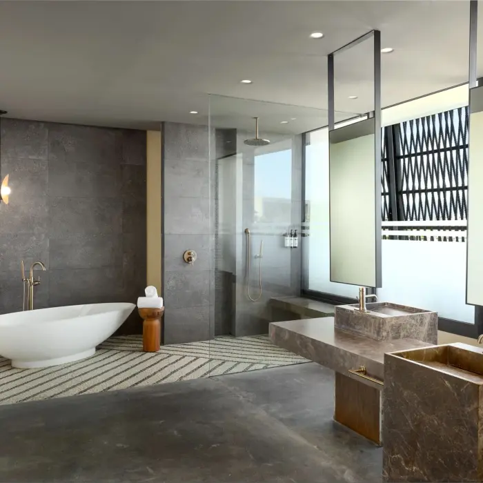 Luxurious bathroom with soaking tub, walk-in shower, and private plunge pool just beyond the glass.