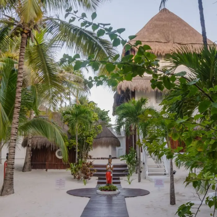 The entrance path through lush greenery and palm trees, leading toward thatched-roof buildings.