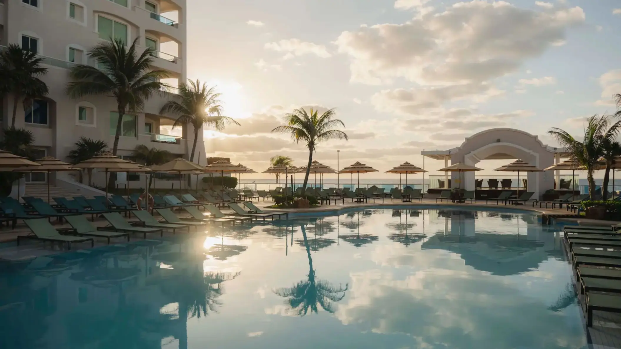 An aerial view shows the large pool area, lounge chairs, and palm trees next to a white sand beach.