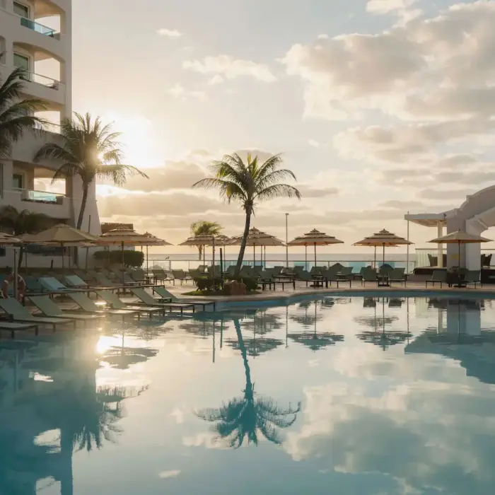 An aerial view shows the large pool area, lounge chairs, and palm trees next to a white sand beach.