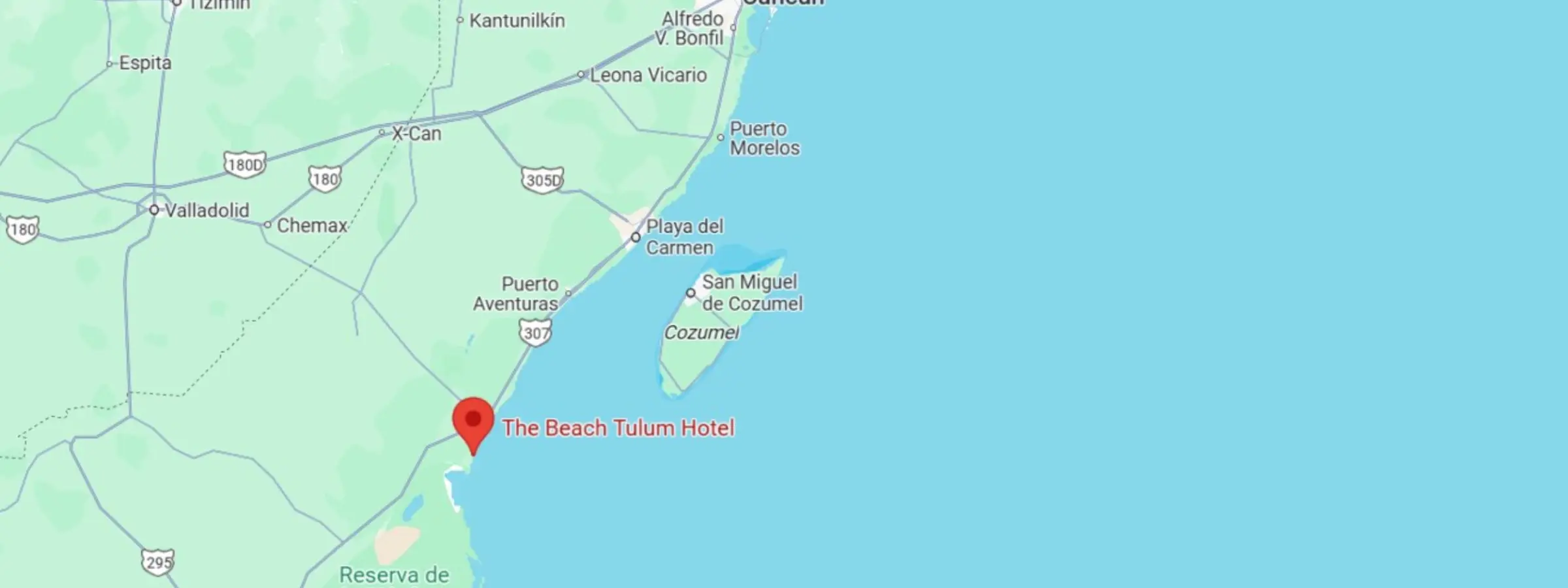 map showing location of The Beach Tulum Hotel in Mexico