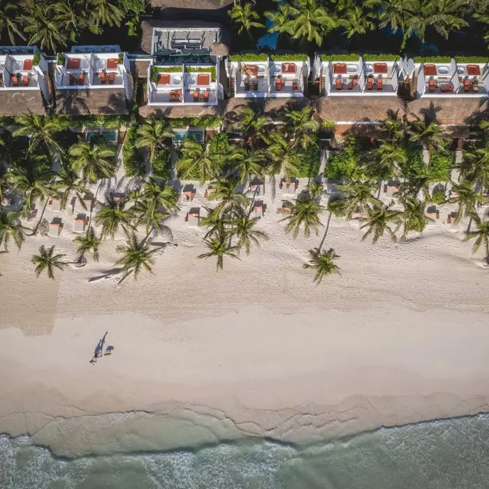 the beach tulum aerial view with its beach and buildings and palms