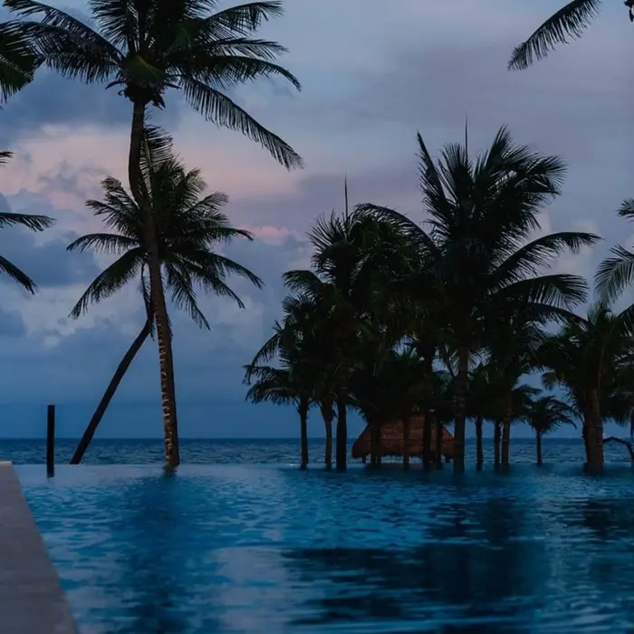 A romantic view of a bride and groom embracing at dusk by an infinity pool overlooking the ocean with palm trees silhouetted against the colorful sky.