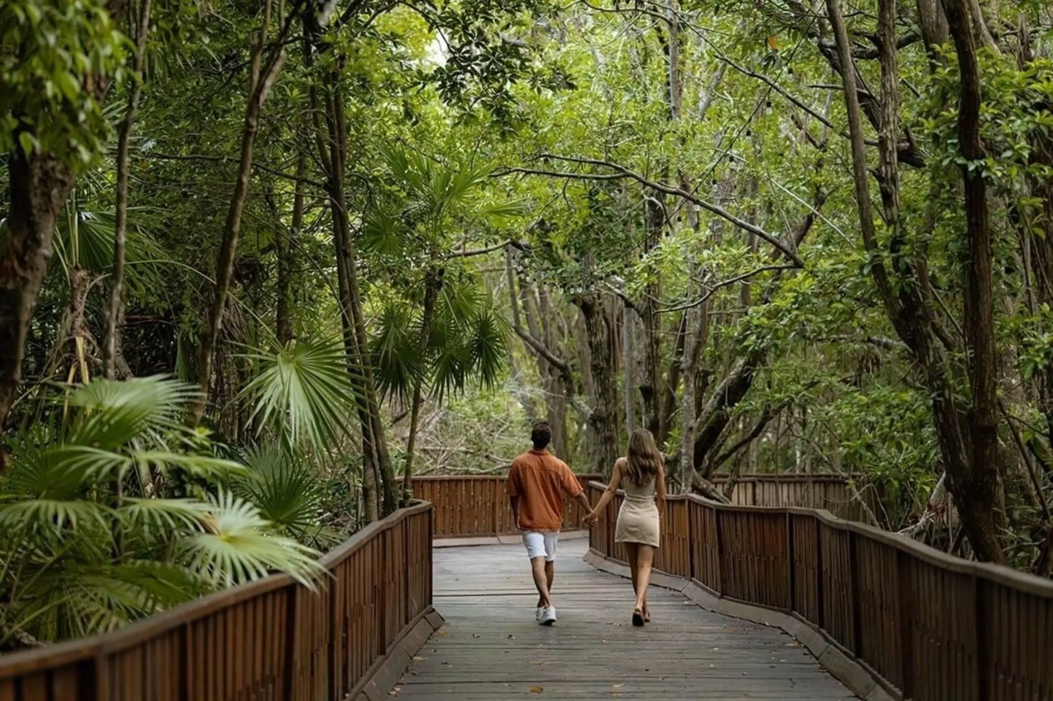 A couple holding hands and walking on a wooden pathway through a dense, green forest, surrounded by tall trees and tropical plants.