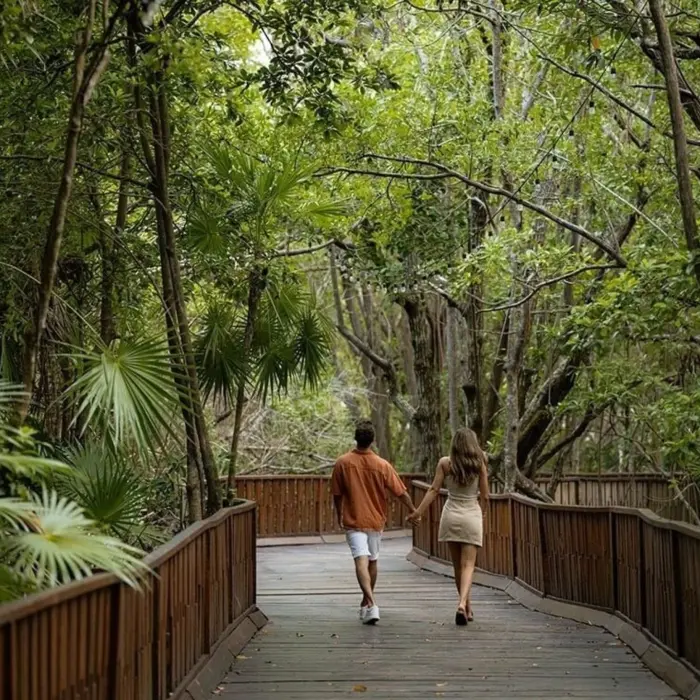 A couple holding hands and walking on a wooden pathway through a dense, green forest, surrounded by tall trees and tropical plants.