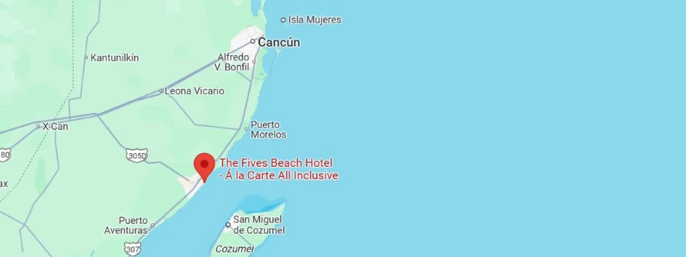 map showing location of the fives beach hotel playa del carmen in Mexico