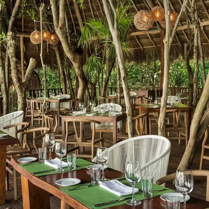 An inviting outdoor dining area at Natura restaurant, featuring wooden tables, wicker chairs, and rustic lighting fixtures nestled among lush trees and thatched roofs.