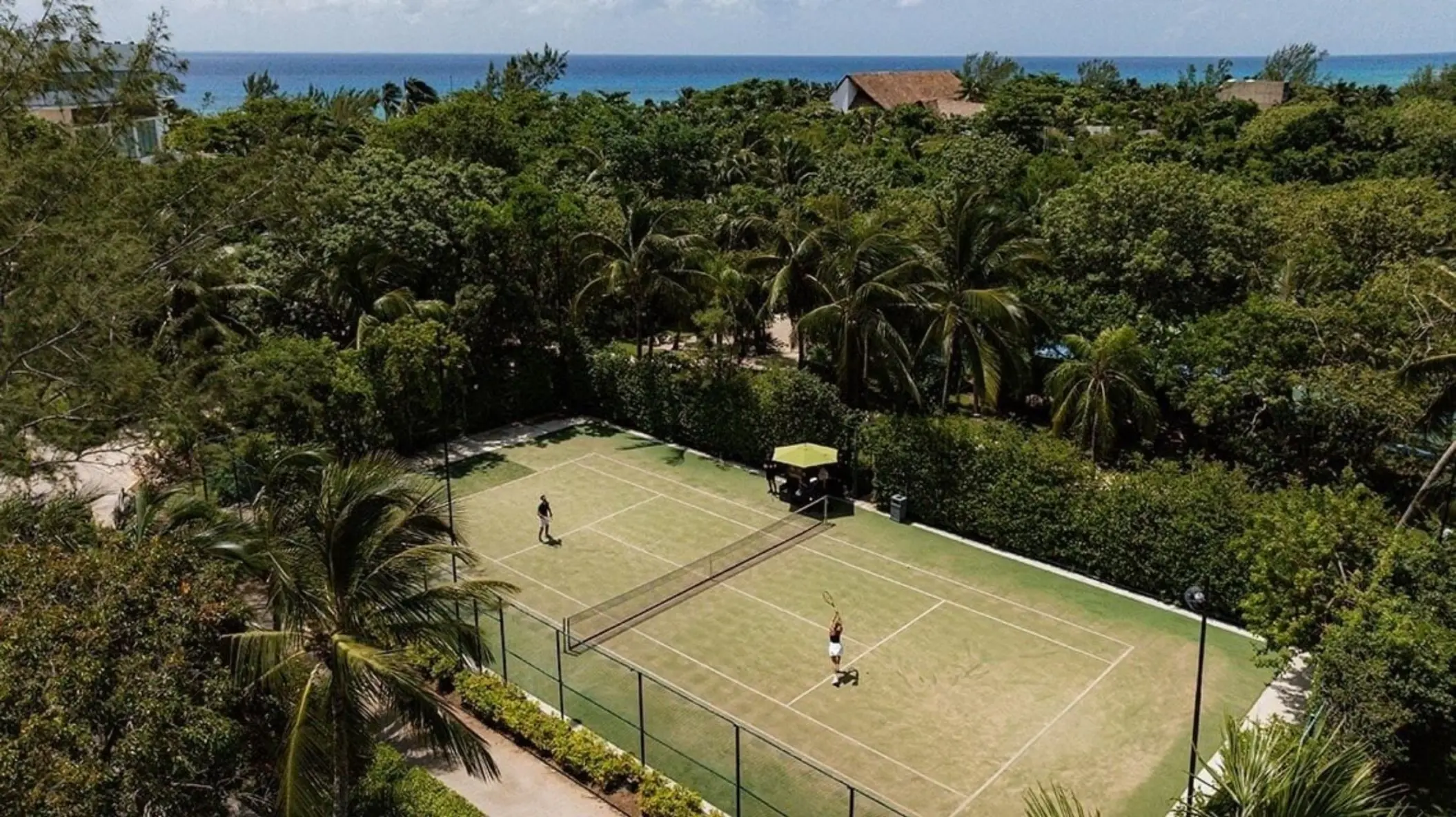 An aerial view of a tennis court surrounded by dense greenery and palm trees, with players engaged in a match, and the ocean visible in the background.