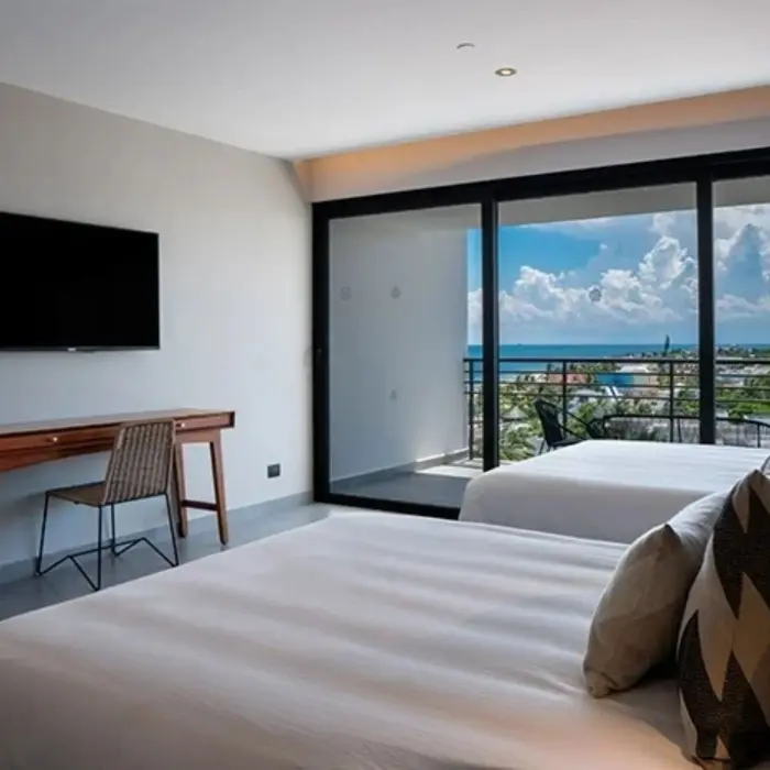 Spacious double room with oceanview balcony, writing desk, and flat screen TV above a sleek wood console.