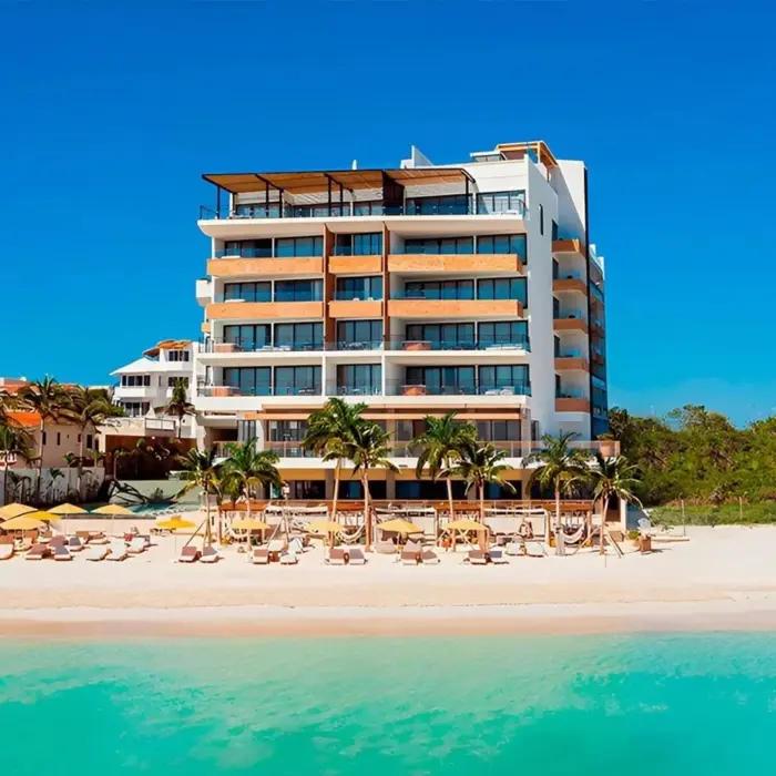 Beachfront resort with modern design, surrounded by palm trees and loungers, directly on a white sand shoreline.