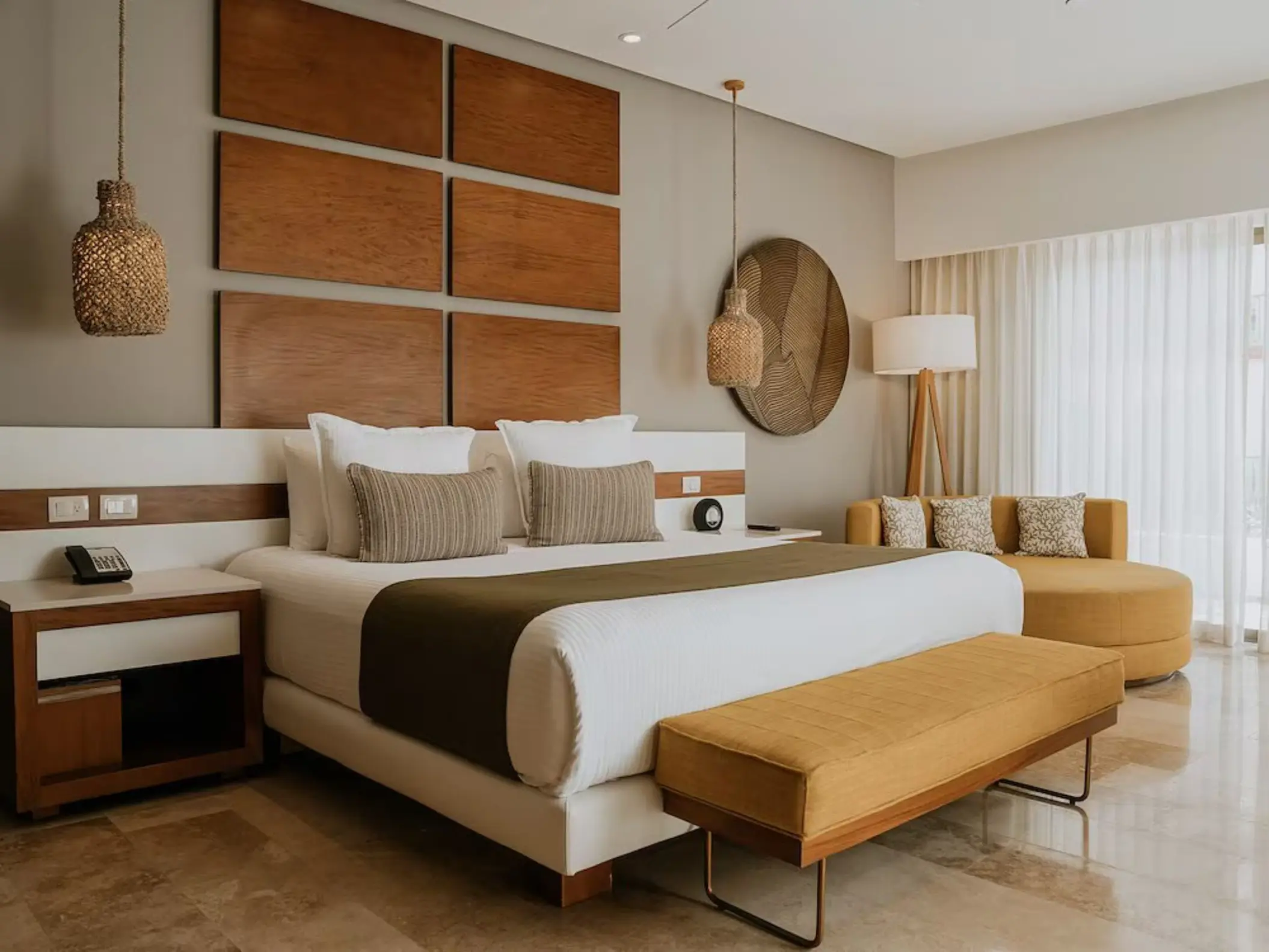 Close-up of a luxurious king-size bed in a master suite at The Reef 28, with stylish hanging lamps.