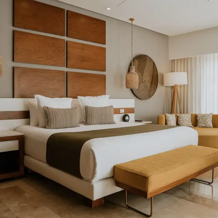 Close-up of a luxurious king-size bed in a master suite at The Reef 28, with stylish hanging lamps.