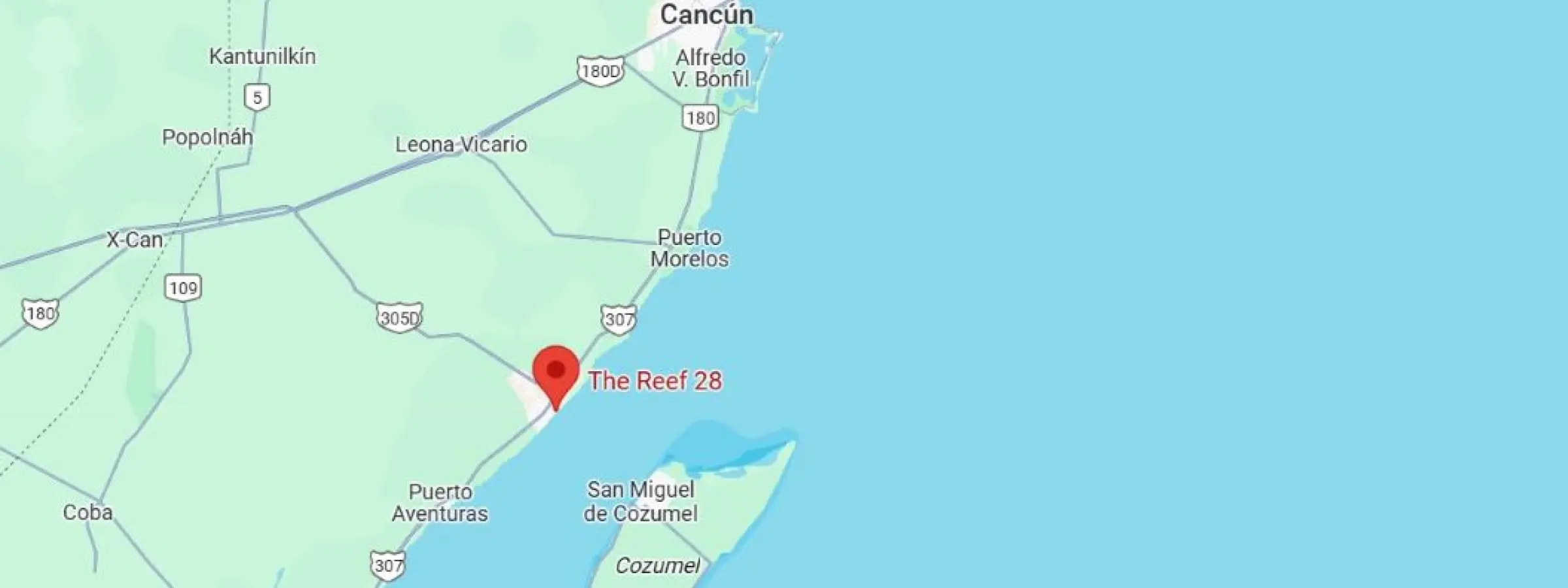 map showing location of The Reef 28 in Mexico
