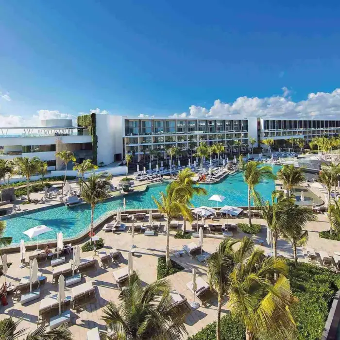 aerial view of trs coral hotel with its buildings and pools