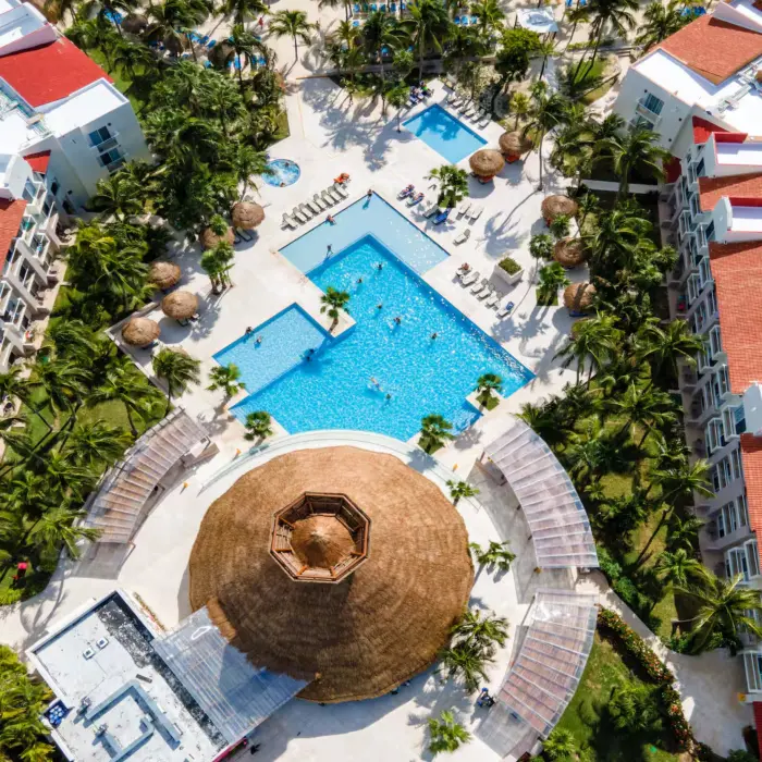 aerial view of the pools and buildings at Viva Azteca by Wyndham