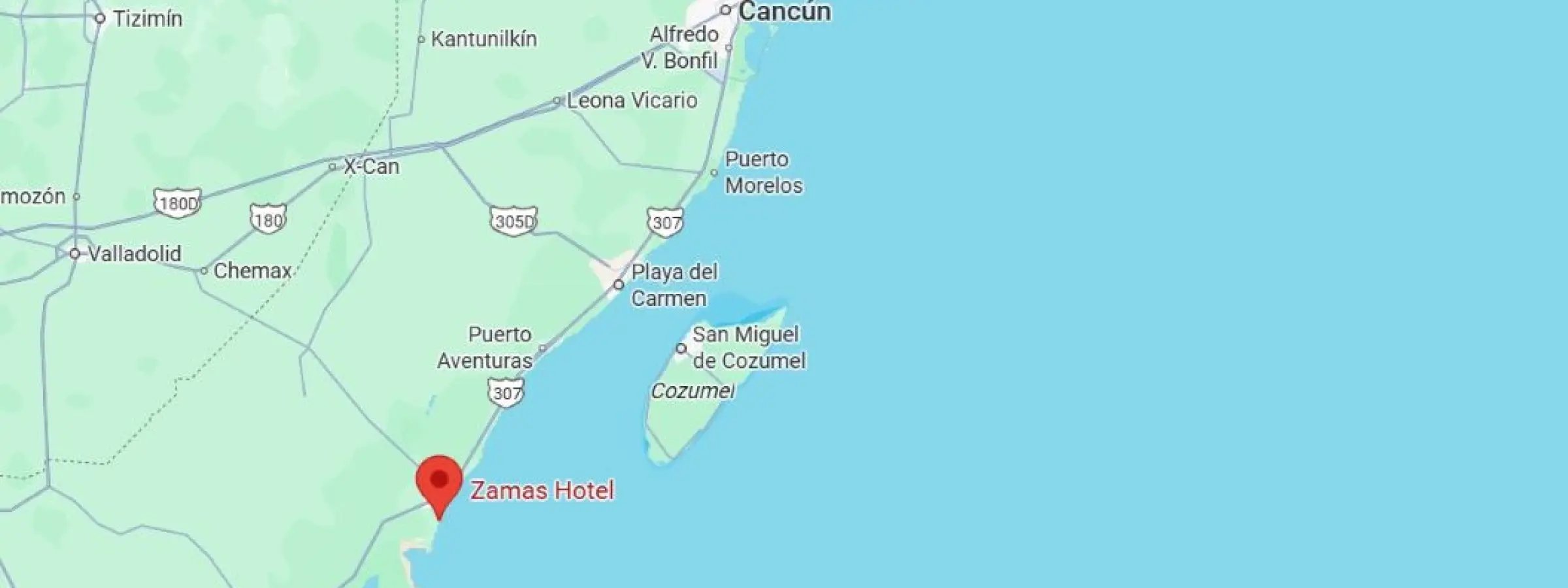 map showing location of Zamas Tulum Hotel in Mexico