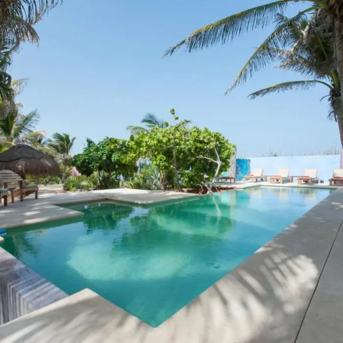 A tranquil turquoise swimming pool surrounded by lush green palm trees and lounge chairs.