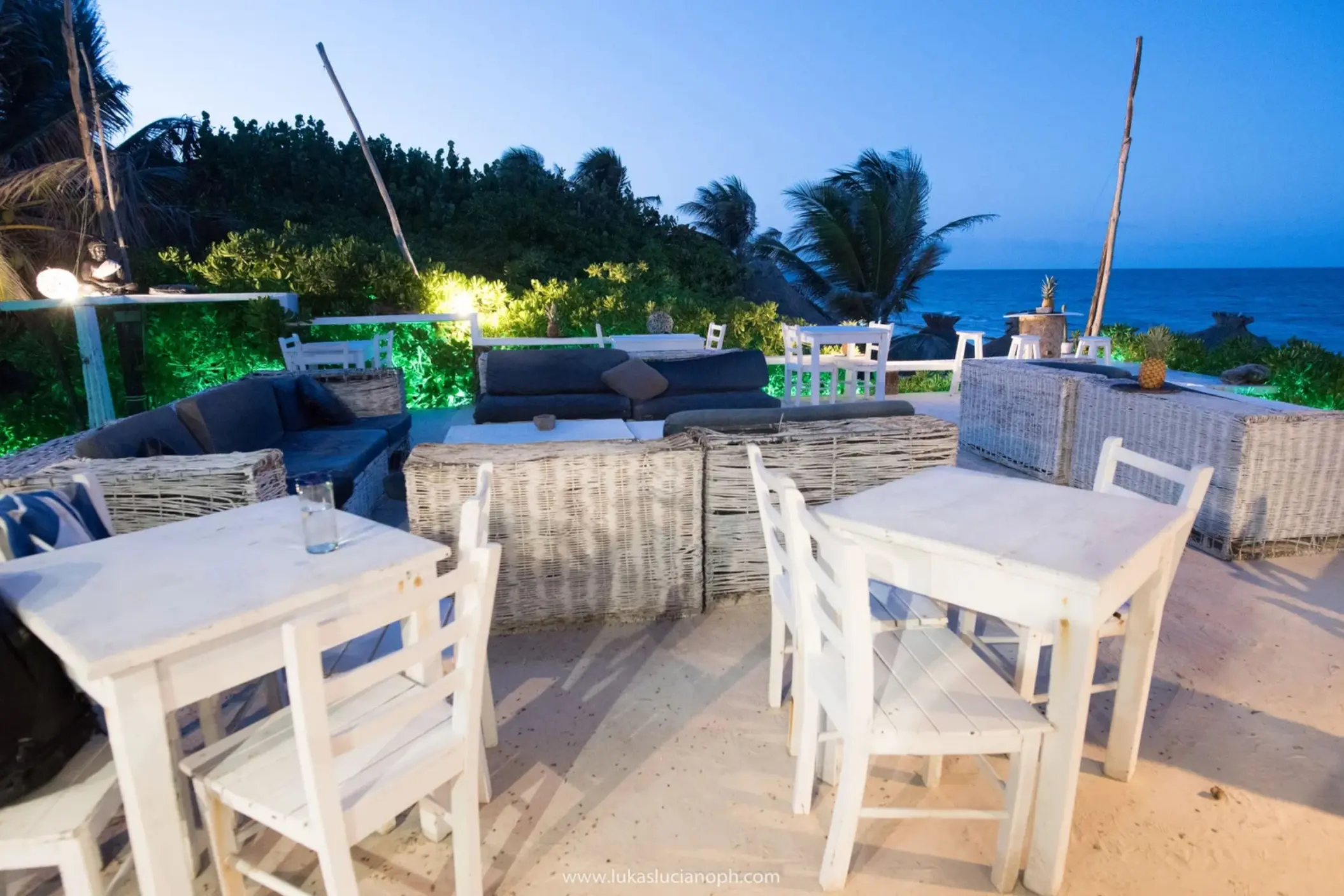beachfront restaurant in the evening at Zulum Hotel